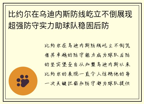比约尔在乌迪内斯防线屹立不倒展现超强防守实力助球队稳固后防